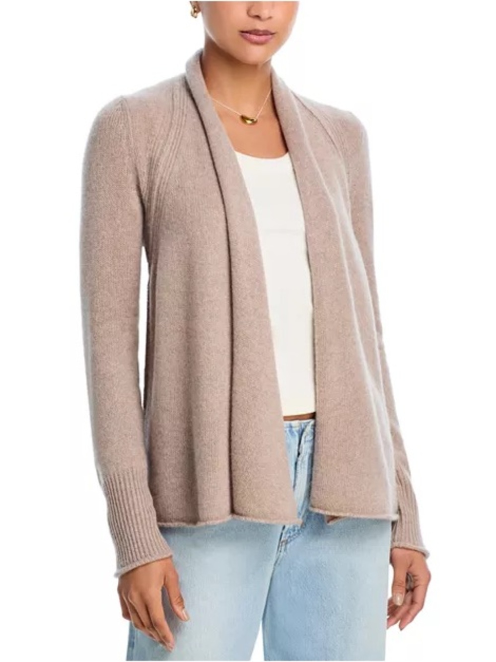 Aqua Cashmere Women’s 100% Cashmere Drape Front Cardigan in Wheat, Size Large